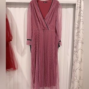 Pink gingham belted dress with pleated skirt